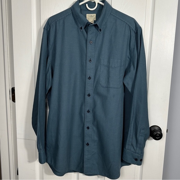 LL Bean men's flannel shirt, size Large Tall. Blue/green/navy houndstooth, fall - Picture 1 of 7